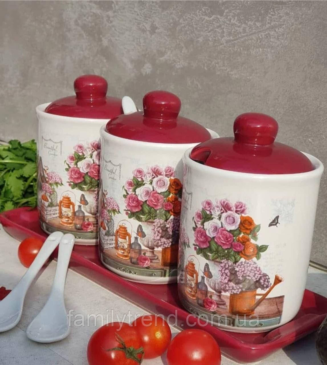 Набір банок для спецій і сипких продуктів 3 шт. FRU-882 Набір ємностей для сипких із порцеляни