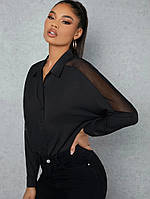 Женская черная классическая рубашка с прозрачными вставками