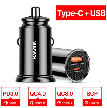 АЗП Автомобільний зарядний пристрій BASEUS Circular Plastic A+C PPS  ⁇ QC4.0/PD, 1 USB/1Type-C, 5 A ⁇  (black)