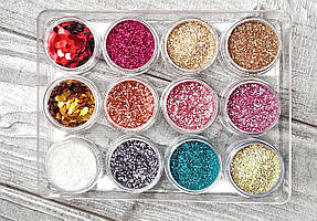 Набір гліттерів "Пудровий" для декору, заливки епоксидною смолою, 12 шт. в наборі