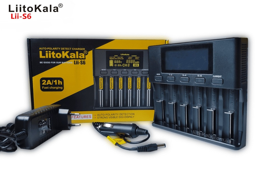 LiitoKala Lii-S6 Зарядний пристрій 12 V/3 A+ Дисплей + плечей живлення й Автоадаптер (500mA /700mA/1000mA /2000mA)