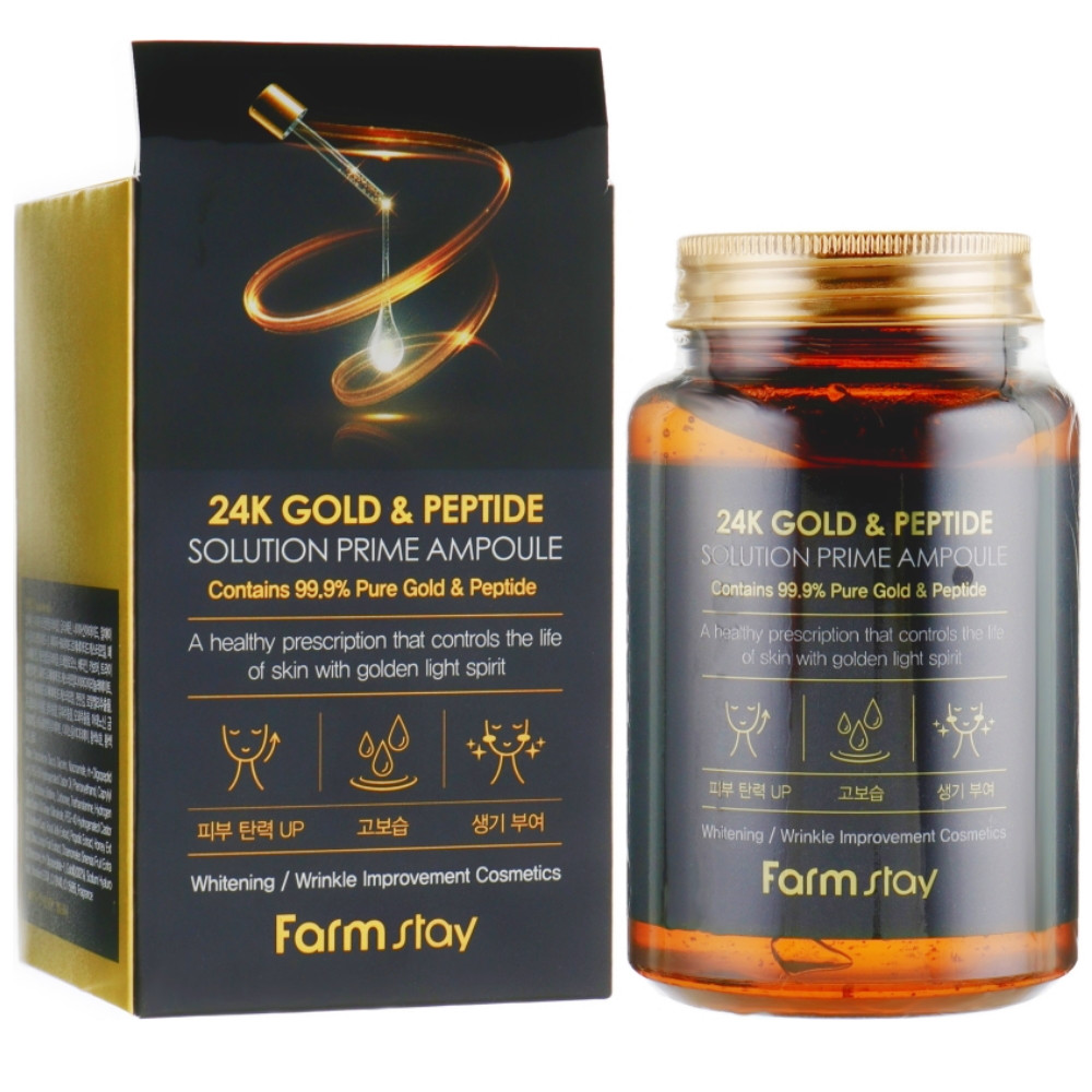Ампульна сироватка для обличчя з золотом і пептидами Farmstay 24k Gold & Peptide Solution Prime Ampoule 250 мл, фото 1