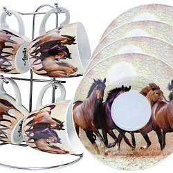 Набір чашок для кави Табун коней: 4 чашки 4 блюдця на підставці, 100 мл.