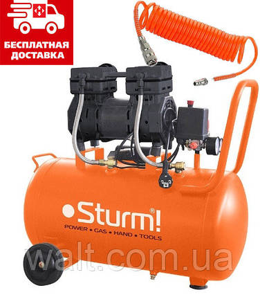 Компресор безоливний 24 л, 1.5 кВт, 8 атм, 209 л/хв, 2 циліндр Sturm AC93224OL + шланг 10 метрів!, фото 1