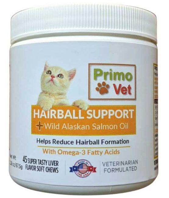 Вітаміни Прімо Вет Hairball Support Primo Vet з маслом дикого лосося для виведення вовни зі шлунка кішок, 45 таблеток, фото 1