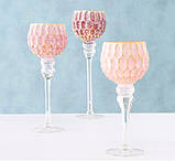 Набір 3-х підсвічників у вигляді келиха рожеве скло h30-40см, фото 5