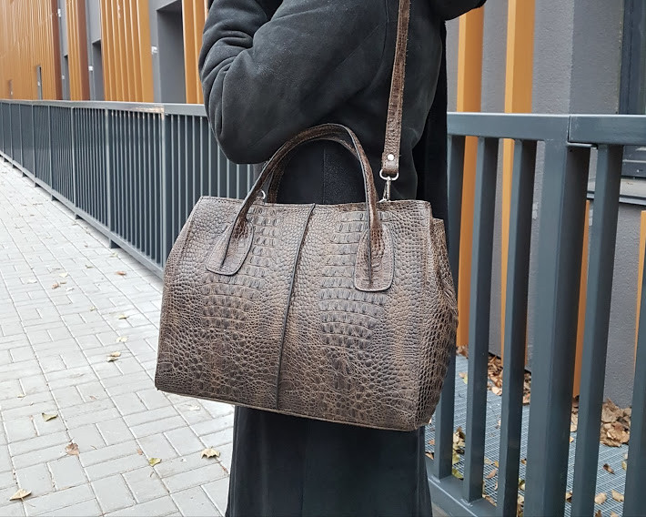 Сумка жіноча "ФОРТА" натуральна шкіра, коричнева з тисненням під крокодила, фото 1