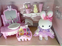 Кукольная мебель для ванной комнаты с белым зайчиком
