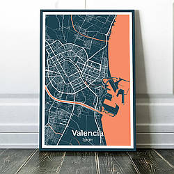 Картина карта міста, улюблене місто - Валенсія 60х90см