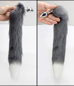 Анальна пробка з Хвостом сталева (плаг, затичка) довгий пухнастий хвіст