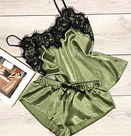 Молодежный комплект пижамы из атласа оливкового цвета майка и шортики