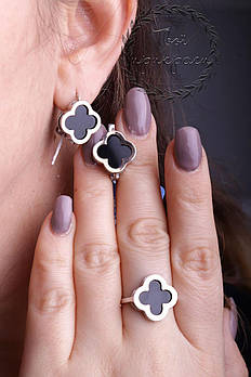 Срібне родированное кільце з золотом і оніксом, "Ван Кліф".