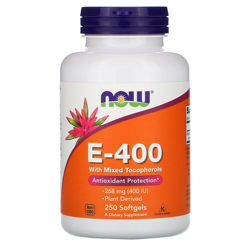 E-400 with Mixed Tocopherols 268 мг 400 IU Now Foods 250 капсул, фото 1