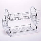 Сушарка для посуду 55 х 24,5 х 36 см Kamille КМ-0764 2-ярусна з хромованої сталі з піддоном, фото 4