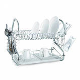 Сушарка для посуду 55 х 24,5 х 36 см Kamille КМ-0764 2-ярусна з хромованої сталі з піддоном, фото 3