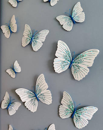 3D метелики наклейки з магнітами і з наклейкою на стіну білий з синіми блискітками 12штук набір, фото 2