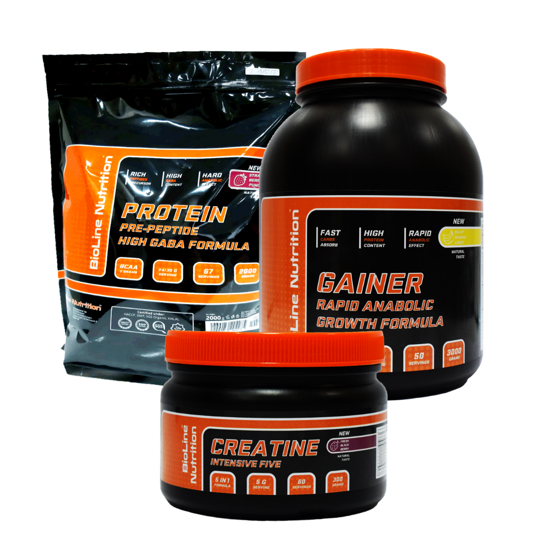 МАС-КОМПЛЕКТ: 2 кг HIGH GABA FORMULA ПРОТЕЇНУ + 3 кг RAPID ANABOLIC GAINER + MIX-BOTTLE