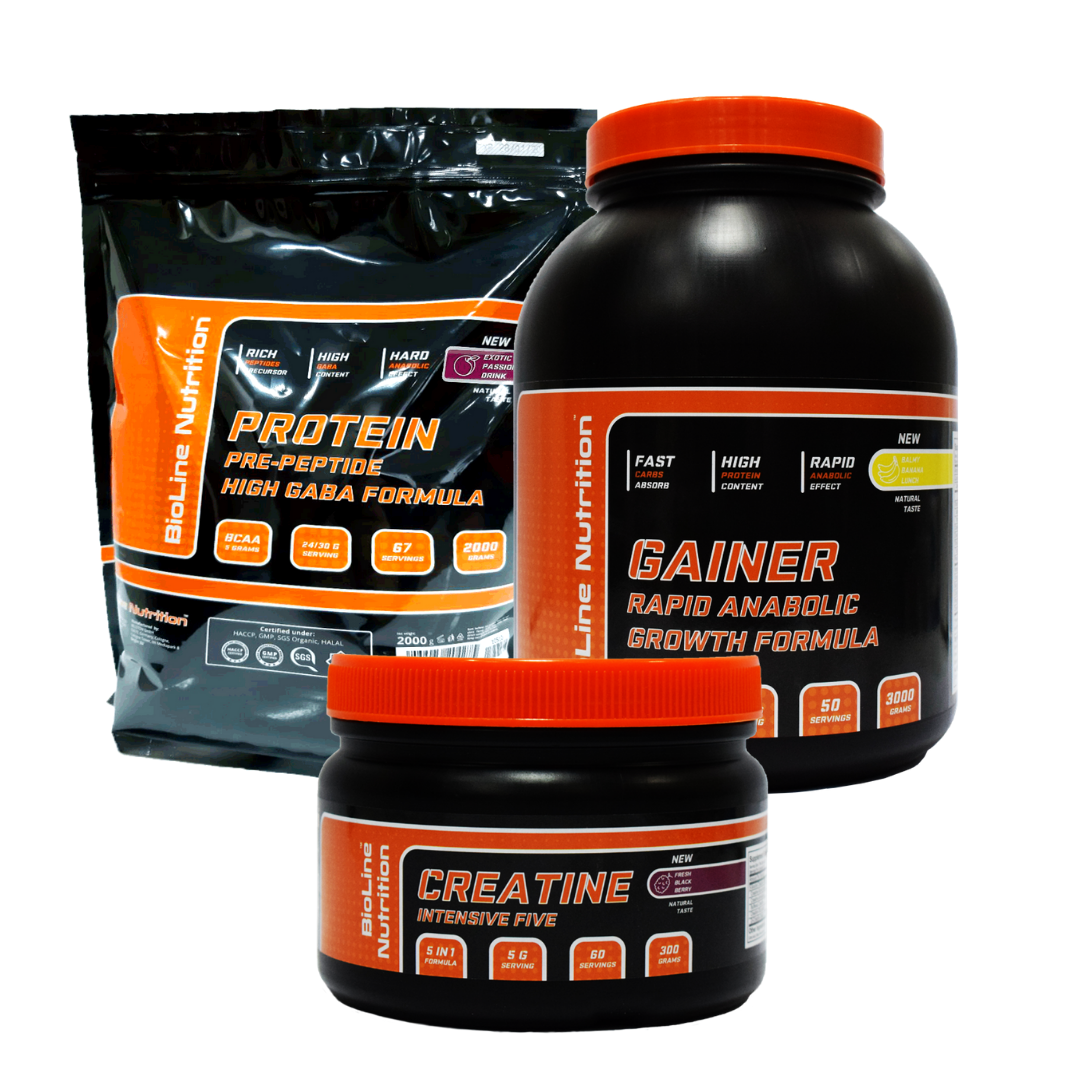 МАС-КОМПЛЕКТ: 2 кг HIGH GABA FORMULA ПРОТЕЇНУ + 3 кг RAPID ANABOLIC GAINER + MIX-BOTTLE