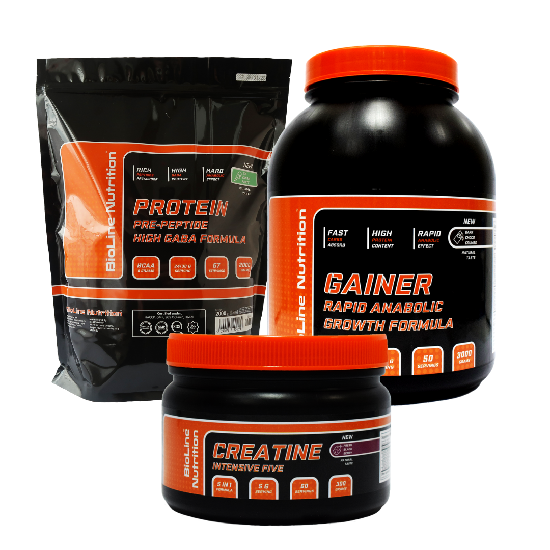 МАС-КОМПЛЕКТ: 2 кг HIGH GABA FORMULA ПРОТЕЇНУ + 3 кг RAPID ANABOLIC GAINER + MIX-BOTTLE