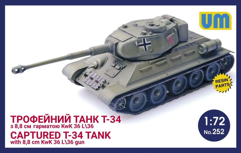 Пластикова модель 1/72 UM 252 Трофейний танк Т34/85 з гарматою KwK 36 L\36 gun, фото 1