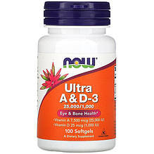 Вітаміни А і D3, NOW Foods "Ultra A & D-3" 25000 / 1000 МО (100 гелевих капсул)