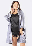 Большие размеры! Домашний комплект шелк  тройка серый халат и черный комплект (шортики+майка+халат)