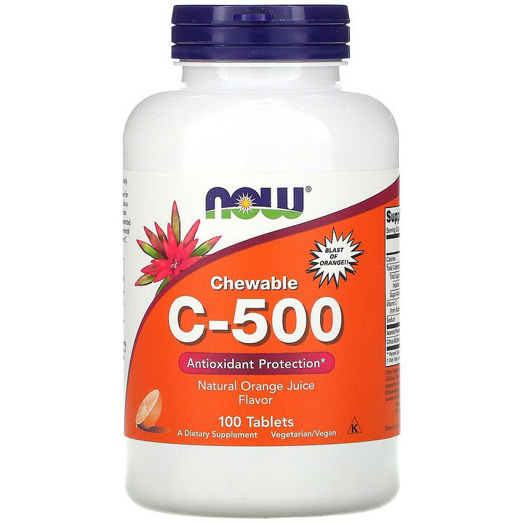 Жувальний вітамін С, NOW Foods "Chewable C-500" зі смаком апельсинового соку (100 таблеток)