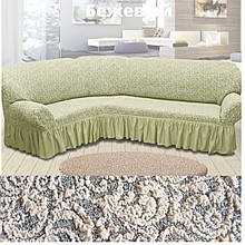 Натяжні чохли на кутові дивани накидка, єврочохол на кутовий диван Всі кольори Кремовий жакардовий з оборкою
