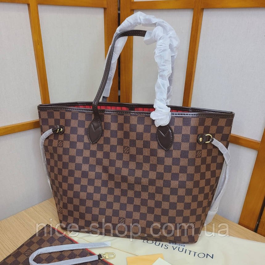 Сумка Louis Vuitton Neverfull Medium шкіра, коричнева шахматка, фото 1