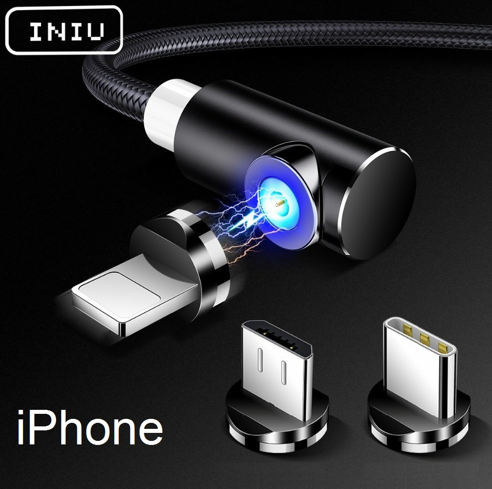 Магнитный Кабель INIU iPhone USB 2.4A Угловой 90 градусов 360 об. для Зарядки на Неодимовых Магнитных Защёлках