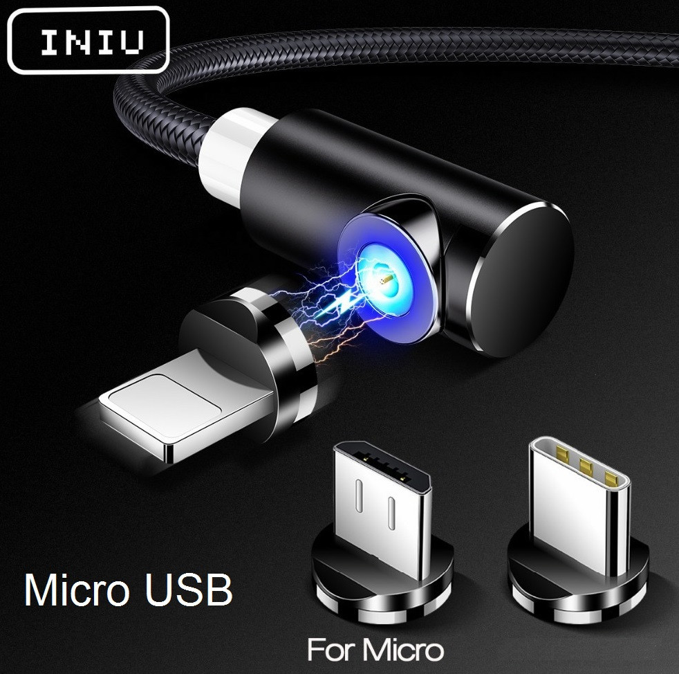 Магнитный Кабель INIU Micro USB 2.4A Угловой 90 градусов 360 об. для Зарядки на Неодимовых Магнитных Защёлках