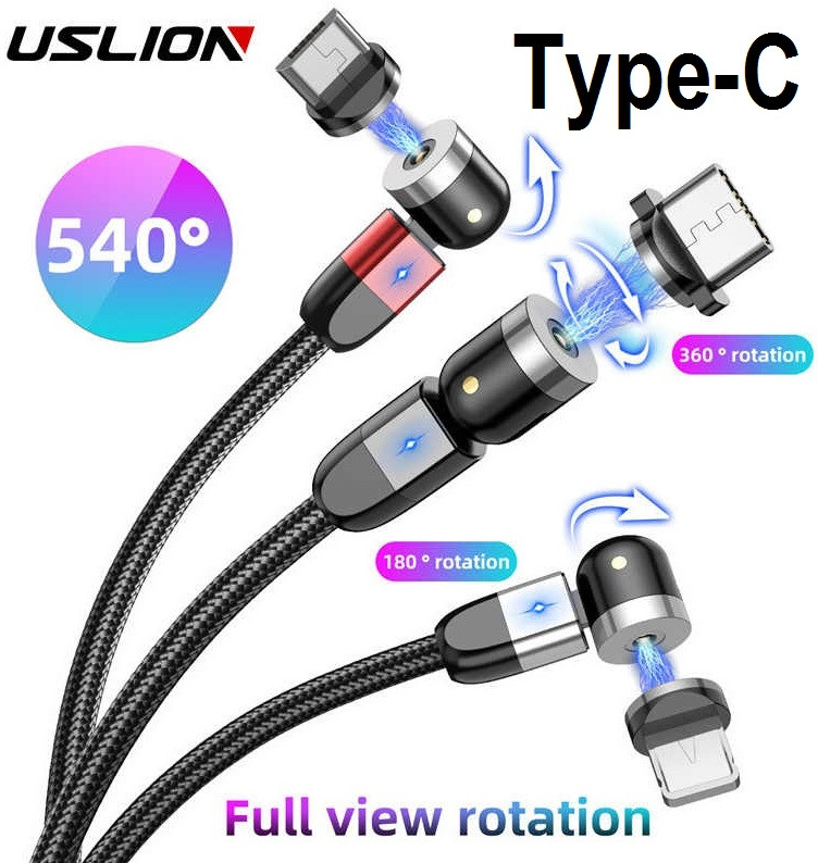 Магнітний Кабель USLION Type-C USB 2.4 A Кутовий 180 градусів 540 об. для Зарядки