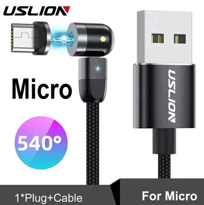 Магнітний Кабель USLION MicroUSB 2.4 A Кутовий 180 градусів 540 об. для Зарядки