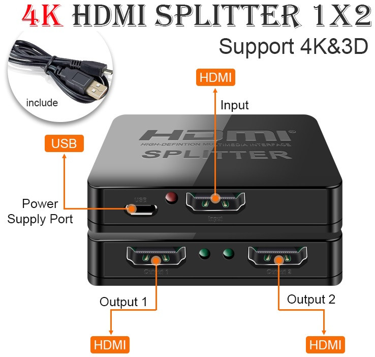 HDMI Спліттер 1×2 Cablexpert DSP-2PH4-03 HDMI-2xHDMI HDCP V. 1.4 Розгалужувач Комутатор