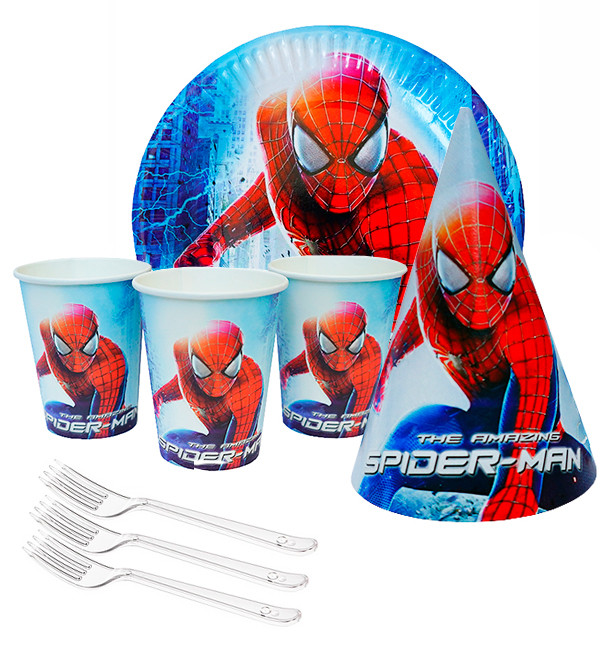 Набір паперового посуду "Спайдермен", (10 тарілок, 10 виделок, 10 стаканчиків, 10 ковпачків)