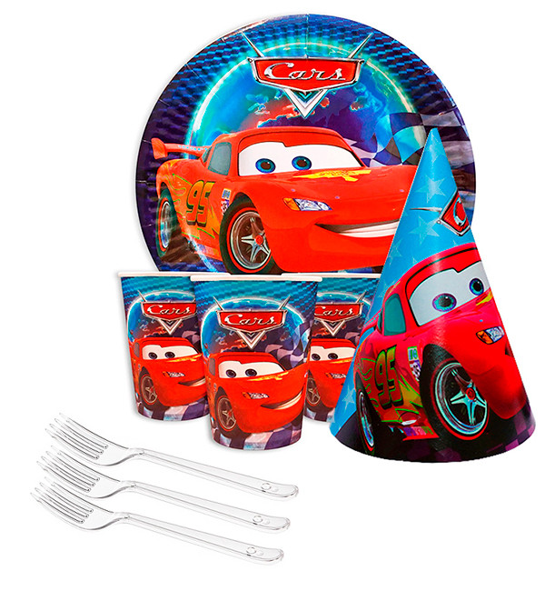 Набір паперовогу посуду "Тачки" (10 тарілок, 10 виделок, 10 стаканчиків, 10 ковпачків)