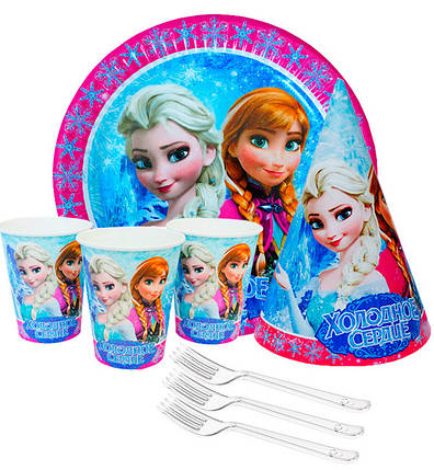 Набір паперового посуду "Холодне серце" (10 тарілок, 10 виделок, 10 стаканчиків, 10 ковпачків), фото 1