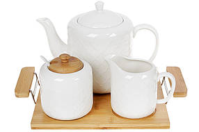 Чайний фарфоровий набір на бамбуковому підносі: чайник, молочник, цукорниця з ложкою, 31см (289-328)