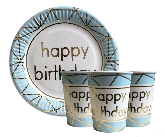 Набір посуду "Happy Birthday блакитний" Тарілки, склянки, по 10 шт., фото 1