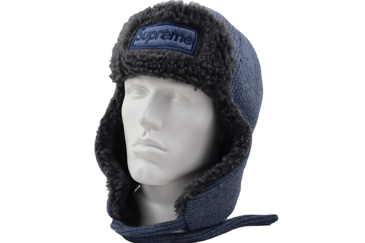 Стильная модная шапка-ушанка мужская синяя Supreme - фото 1 - id-p1328786998
