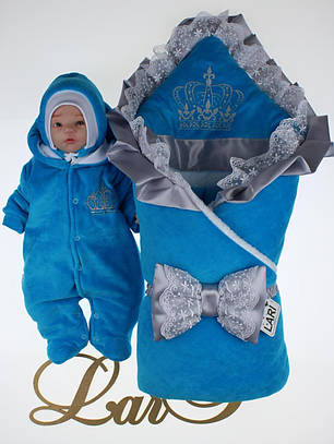 Зимовий комплект на виписку для новонародженого хлопчика набір Чарівність синій, фото 2