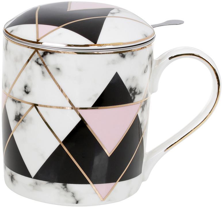 Кружка чашка для чаю та кави -заварник для кави для чаю    Чорний мармур   380мл, з металевим ситом, чорний з рожевим | HomeDreams