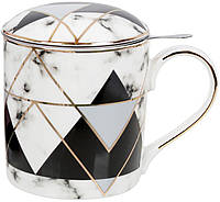 Кружка чашка для чаю та кави -заварник для кави для чаю    Чорний мармур   380мл, з металевим ситом, чорний з блакитним |