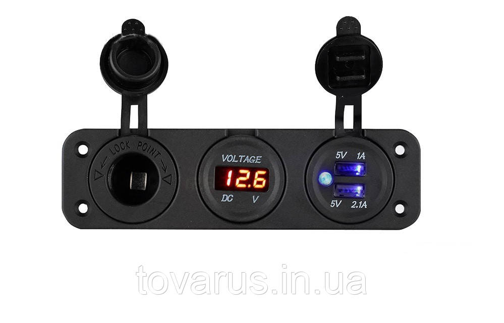 Автоблок 3. USB 2.1+1А вольтметр прикурювач на рамці, фото 1