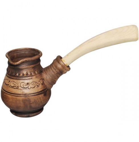 Турка для заварювання ароматної зернової кави керамическая высокая Покутская Керамика Шляхтянская 280мл с деревянной ручкой |