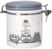 Банка ємність для зберігання сипких продуктів чаю кави цукру меду  керамічна Be Happy «Совушки» 500мл, кришка з фіксатором |