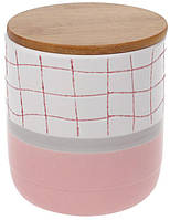 Банка фарфоровая "Клетка" для сыпучих продуктов 900мл с деревянной крышкой, белый с розовым | HomeDreams