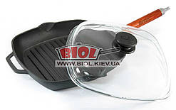 Сковорода ГРІЛЬ чавунна 26х26 см зі знімною ручкою і кришкою БІОЛ 1026C. Сковорідка-гриль чавунна