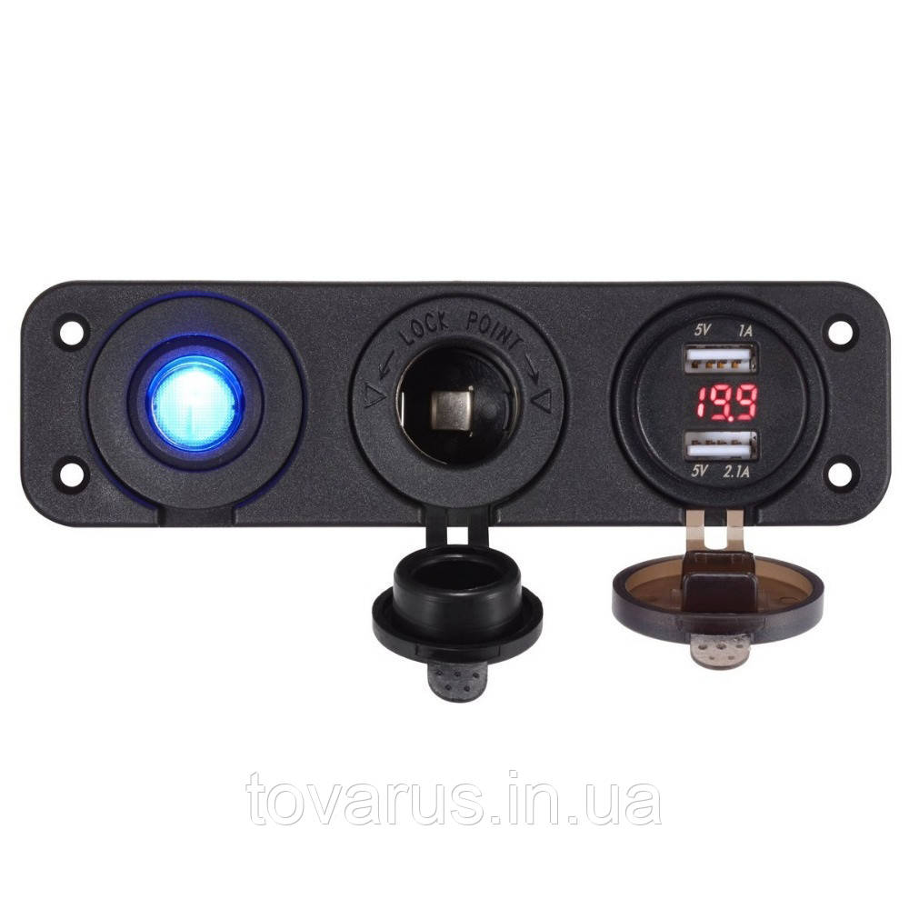 Автоблок 3. USB 2.1 + 1А з вольтметром кнопка прикурювач на рамці, фото 1
