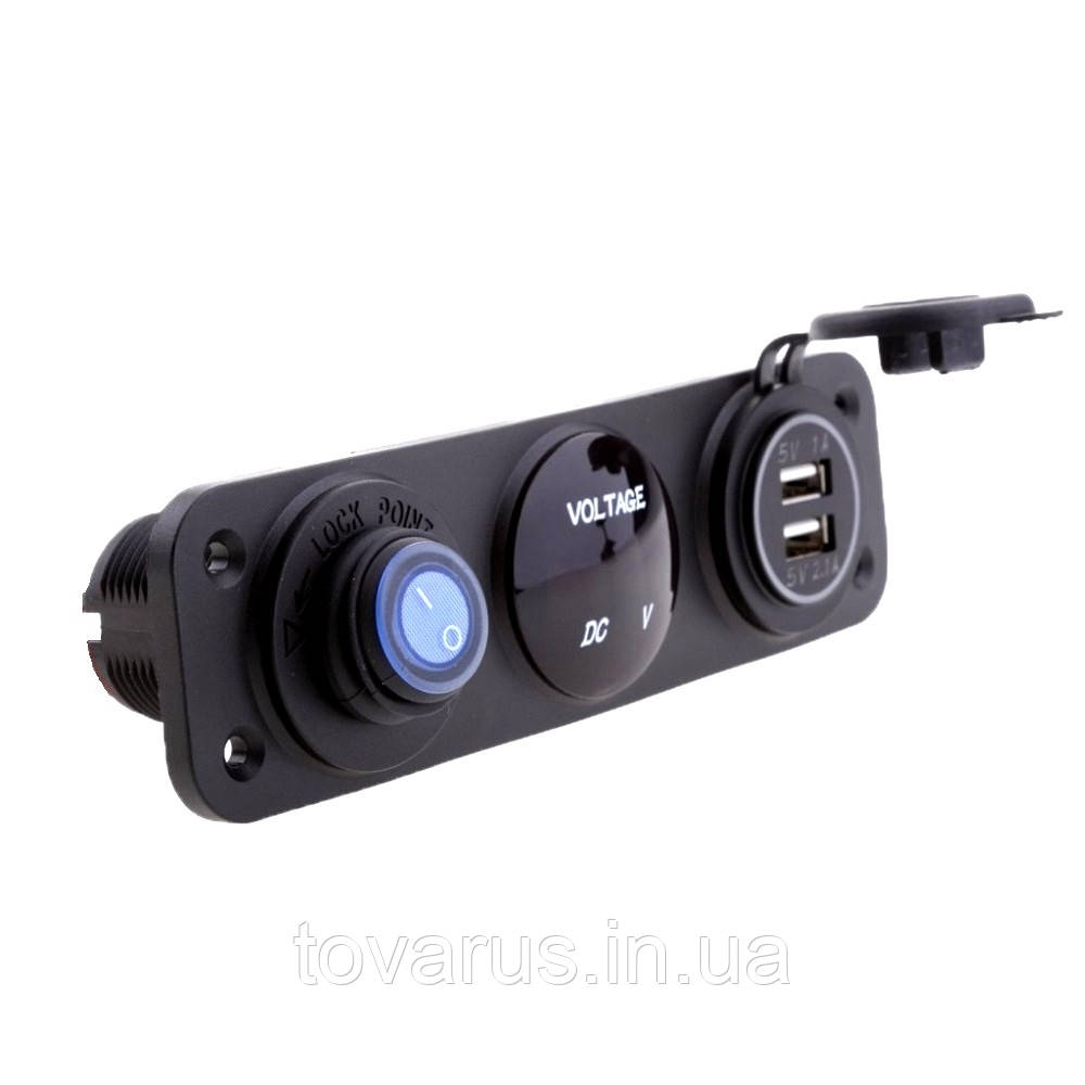 Автоблок 3. USB 2.1 + 1А вольтметр сферичний кнопка на рамці, фото 1